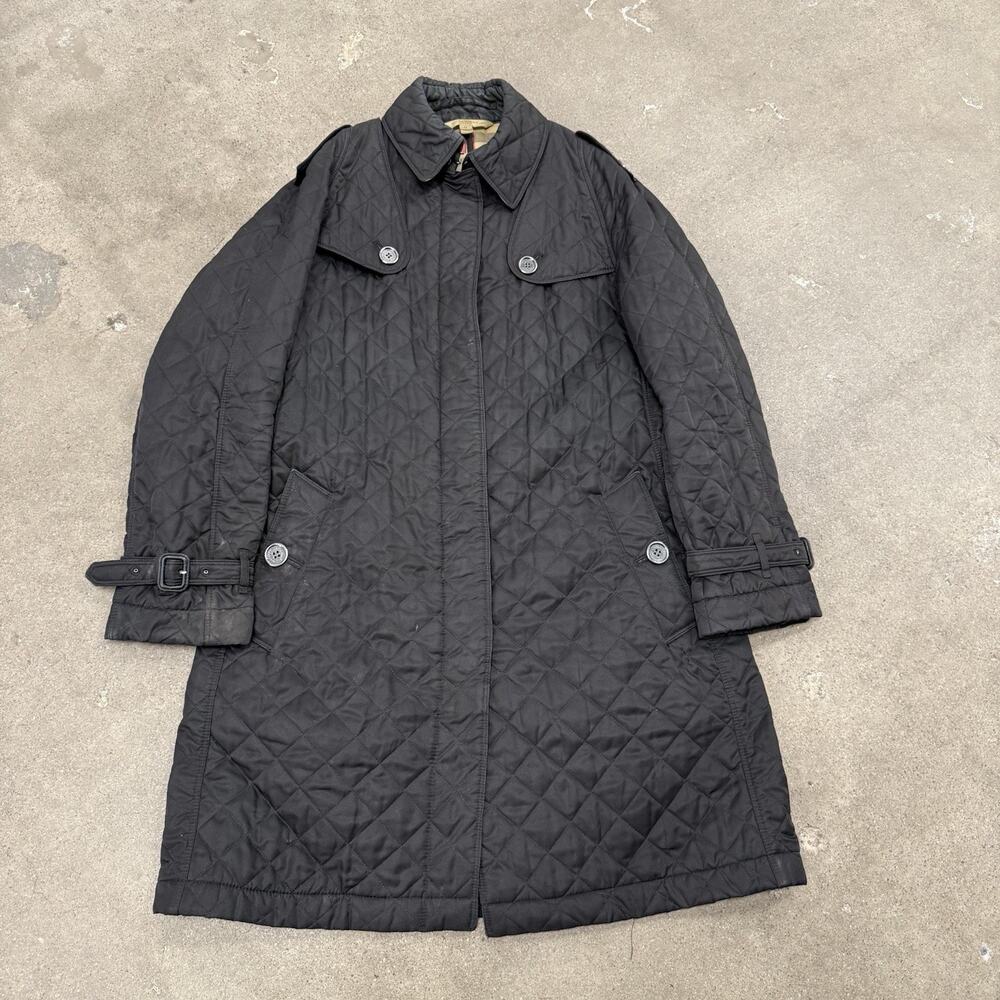 Burberry Brit Nova Check Quilted Belted Trench Coat Womens Medium Black